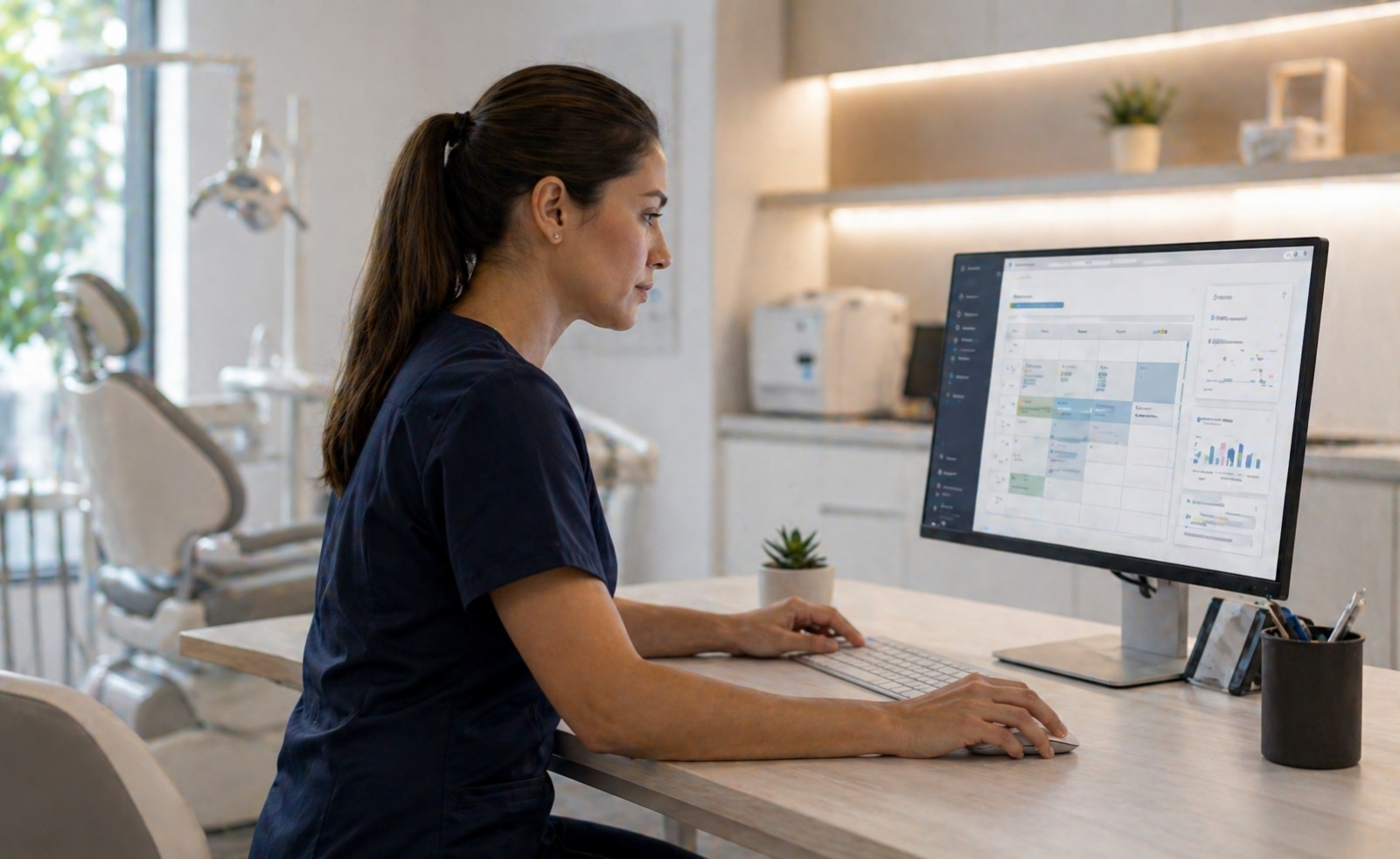 Profesional odontológica utilizando el software de gestión BILOG en un consultorio dental