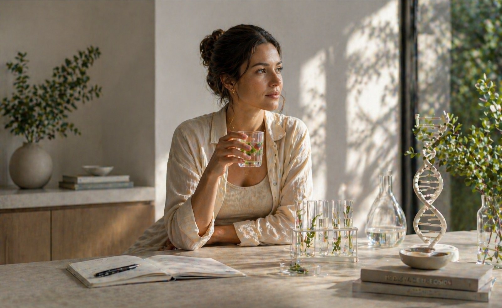 Mujer en un entorno de bienestar y genética aplicada al estilo de vida saludable en SANA