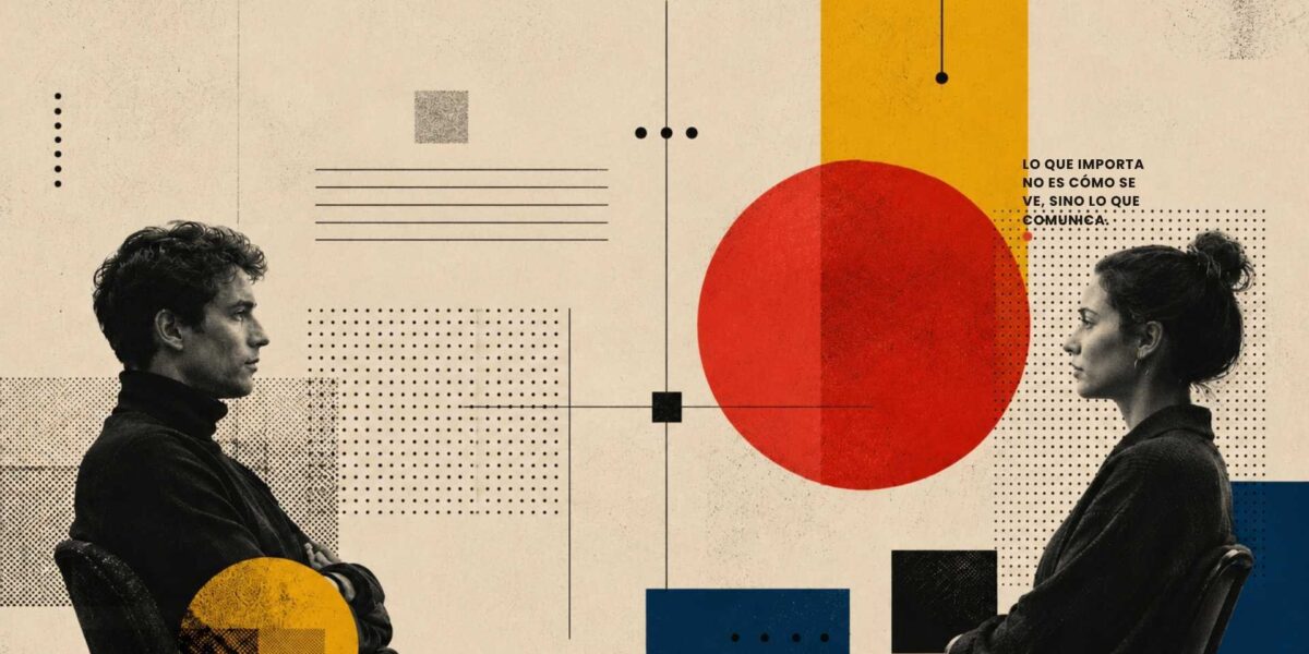Composición editorial abstracta con dos personas enfrentadas y formas geométricas minimalistas que representan percepción, estrategia y claridad de marca.
