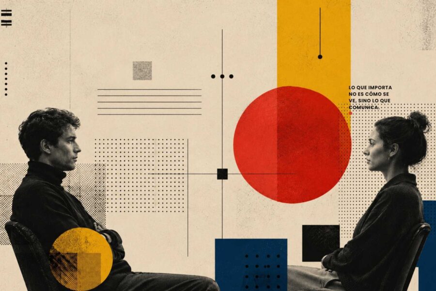 Composición editorial abstracta con dos personas enfrentadas y formas geométricas minimalistas que representan percepción, estrategia y claridad de marca.