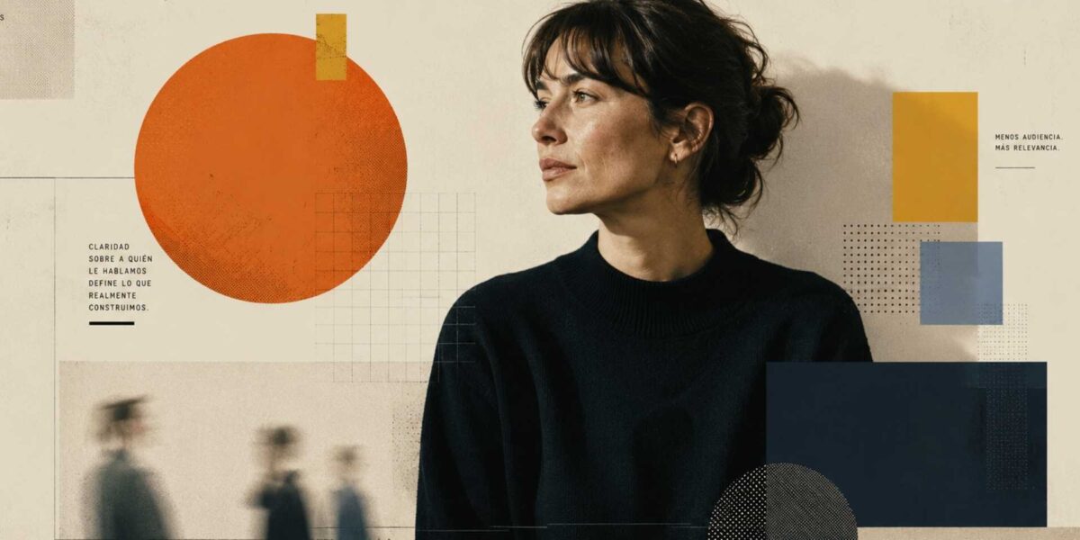 Retrato editorial de una mujer rodeada de formas geométricas y elementos gráficos abstractos que representan estrategia de comunicación, relevancia de audiencia y posicionamiento de marca.