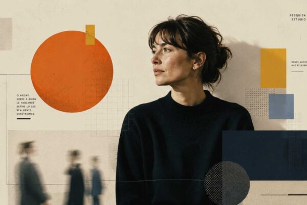 Retrato editorial de una mujer rodeada de formas geométricas y elementos gráficos abstractos que representan estrategia de comunicación, relevancia de audiencia y posicionamiento de marca.
