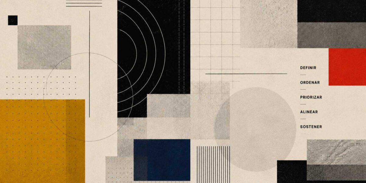 Composición abstracta editorial con geometrías minimalistas y elementos gráficos que representan organización estratégica, posicionamiento y construcción de marca.