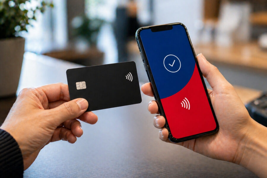 Pago digital contactless realizado con tarjeta y teléfono móvil utilizando soluciones de ePagos